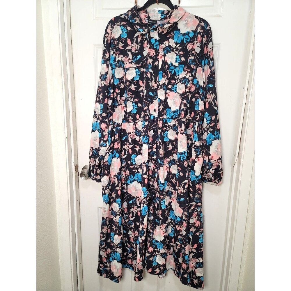 TORRID Midi Studio Crepe Floral Long Sleeve Button-Front Shirt Dress With Pocket